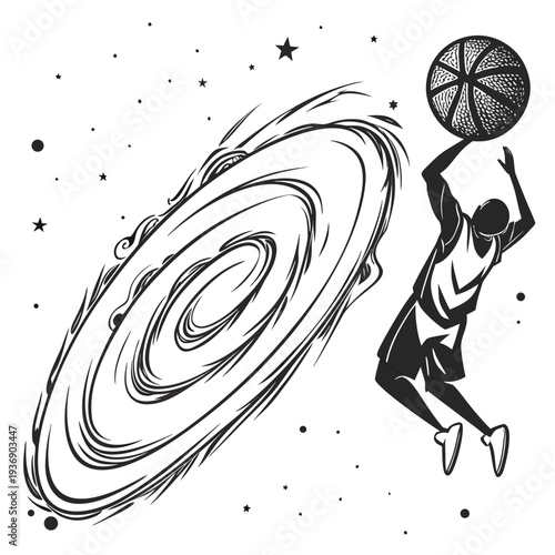 Black and white of a basketball player jumping to dunk a ball into a swirling nebula vortex in space