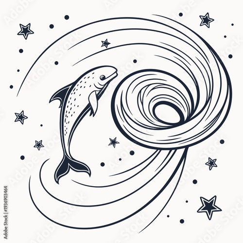Black and white of a dolphin jumping through a cosmic whirlpool