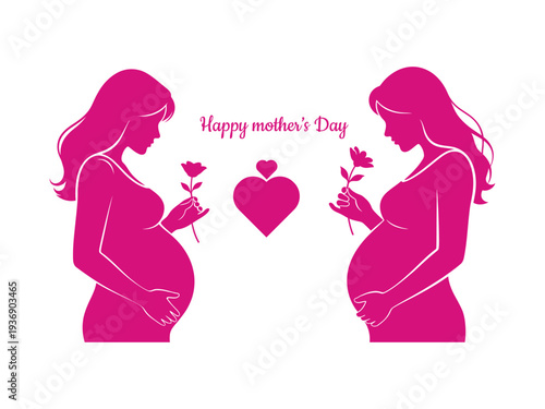 Two pregnant women with flowers and heart on mothers day