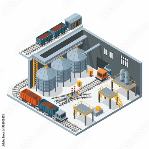 Isometric industrial complex with silos, trains, and factory elements.