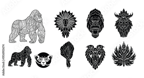 Intricate animal portraits in a black and white illustrative style