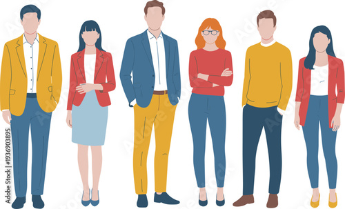 Flat vector illustration of a diverse professional business team standing together in confident poses and walking with briefcases in formal office attire on white.