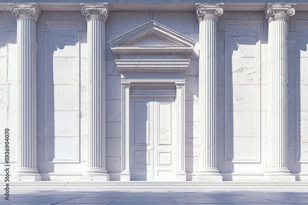 Obraz premium White marble building facade with columns and centered door, light shadows