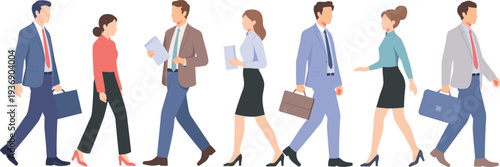 Flat vector illustration of a diverse professional business team walking with briefcases and documents in stylish formal office attire isolated on white background.