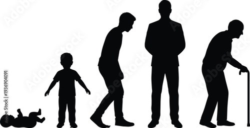 Human life cycle evolution silhouette showing male aging process from infant baby to childhood youth adult and elderly man with cane
