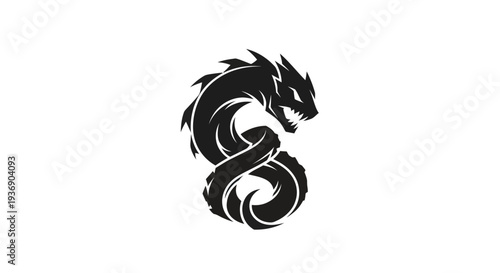Stylized black dragon illustration on white