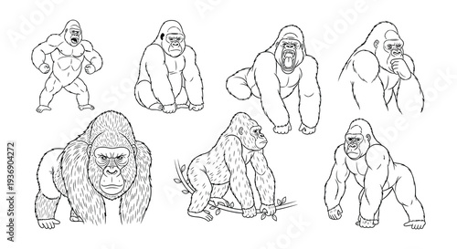 A series of black and white illustrations depicting thoughtful gorillas