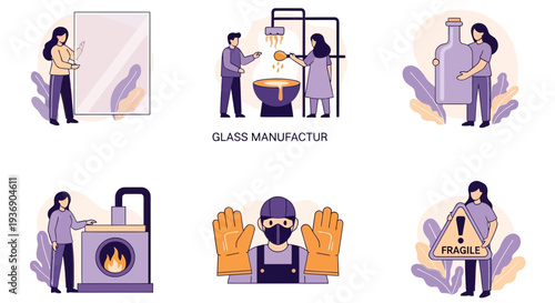 Flat illustration set depicting steps and elements of glass manufacturing