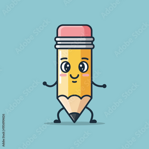 Cute cartoon pencil character with eraser, standing and smiling, isolated on blue background
