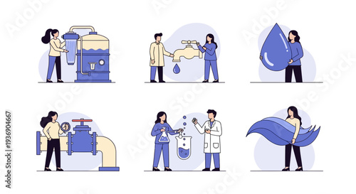 Six flat icons illustrating water treatment quality testing and conservation efforts