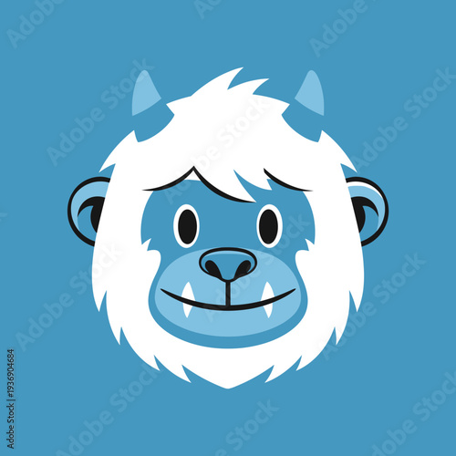 Cute cartoon yeti monster face with horns and white fur, friendly expression, blue background