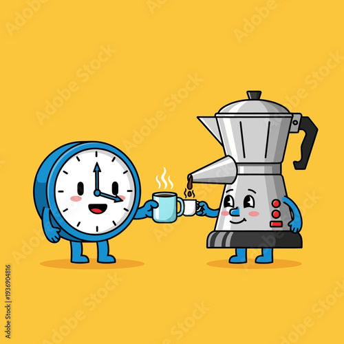 Cute cartoon clock and coffee maker pouring coffee, happy morning concept