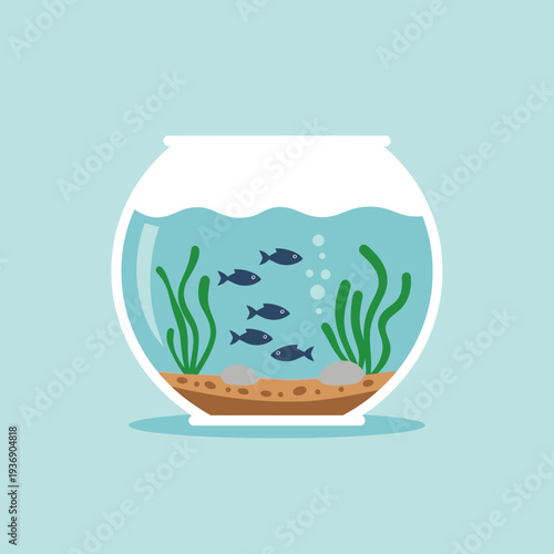 Cute cartoon fish swimming in a round glass fishbowl with aquatic plants and pebbles on a light blue background.