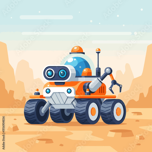 Cute cartoon Mars rover exploring alien planet with rocky desert landscape and blue sky.