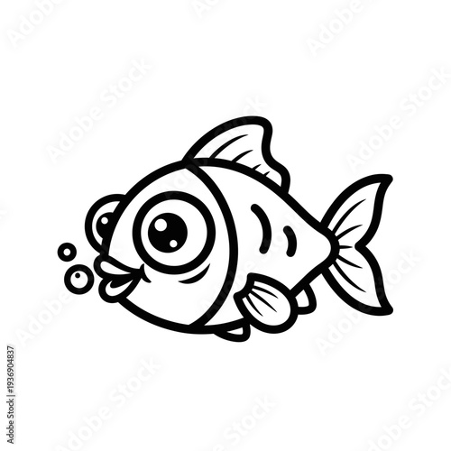 Cute Cartoon Fish Blowing Bubbles, Black and White Line Art, Simple Vector Illustration