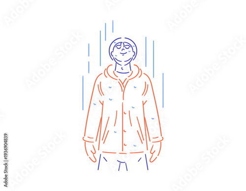 Illustration of a man looking gloomy and sad in the rain. Man looking up in a raincoat soaked in the rain. Confused in the drizzle. Mood. Line or doodle style character illustration. White background.