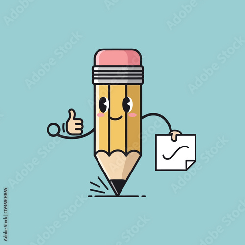 Cute cartoon pencil character giving a thumbs up and holding a drawing, isolated on blue background