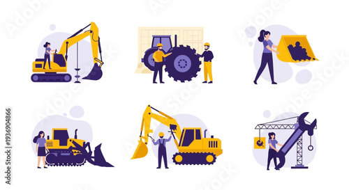Six illustrations depict construction equipment and workers with tools