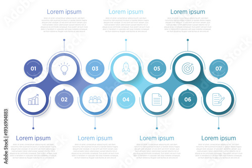 This editable vector infographic features 7 sequential steps in a clean horizontal timeline layout with circular milestones connected by a flowing line, customizable icons (gears, targets, clocks).