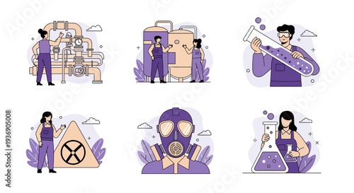 Six illustrations depicting industrial work safety gear and chemical experimentation