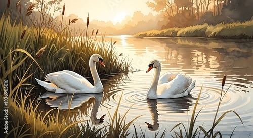 Watercolor illustration of two swans swimming near riverbank reeds at sunset, warm light and gentle ripples creating a tranquil natural scene