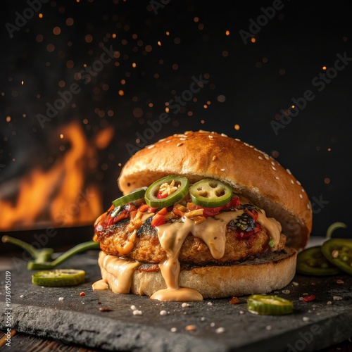 Spicy Chicken Burger with Jalapenos and Cheese