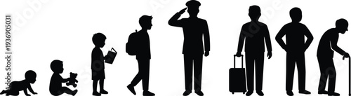 Comprehensive black silhouette collection of people from infancy to old age, including seniors with canes, children, and professionals, depicting human life stages.