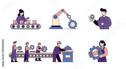 Six illustrations depicting manufacturing assembly line work and robotics