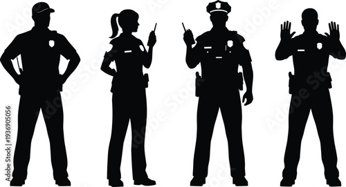 Police officer silhouettes in uniform with radio and badges, law enforcement professionals set, cad drawing flat vector illustration, security personnel.