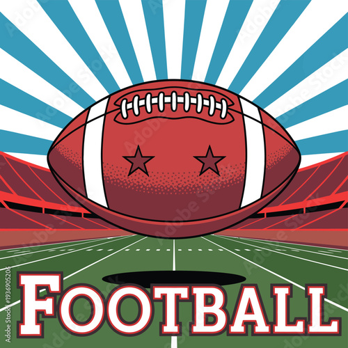 Dynamic football stadium illustration with a large American football against a vibrant sky and bold text, dramatic sports arena scene with glowing stadium lights, championship game concept for posters