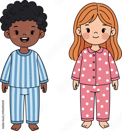 Cute Cartoon African American Boy and Caucasian Girl Wearing Pajamas, Happy Children in Sleepwear Ready for Bedtime, Flat Vector Illustration.