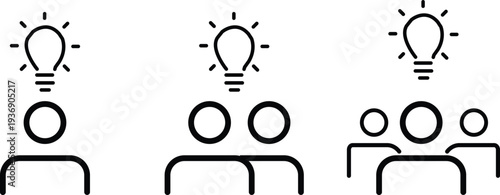 Idea Generation Icons: Single Person, Couple, Group Thinking. Minimalist line icons represent idea generation with a lightbulb above heads, symbolizing innovation for individuals, pairs, and teams.