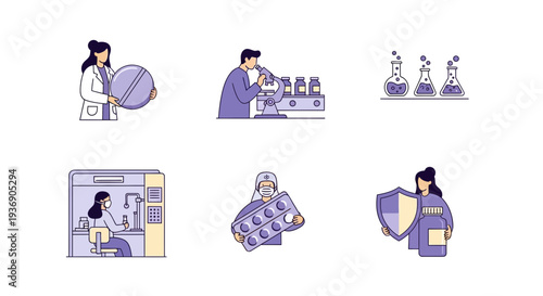 Six medicalpharmaceutical illustrations featuring people and lab equipment