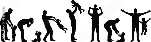 Black silhouettes of a father playing with his child, set of various poses of dad bonding with baby and toddler.