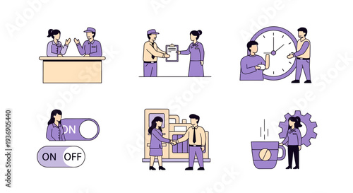 Six vector icons depicting business interactions time settings and coffee