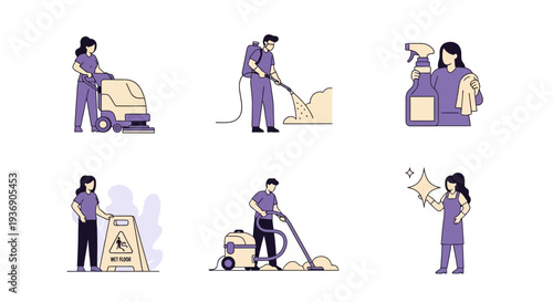 Six vector icons depicting various cleaning and sanitation activities