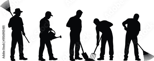 Professional black silhouette set of male gardeners and farmers performing various agricultural tasks with tools like rakes, shovels, and watering cans.