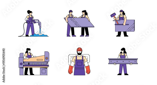 Six vignettes showing industrial workers performing metalworking tasks
