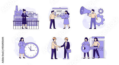 Six vignettes showing business activities factory supervision budget presentation announcement time management handshake and key delivery