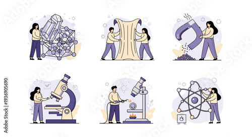 Six vignettes showing people conducting various laboratory science experiments and studies