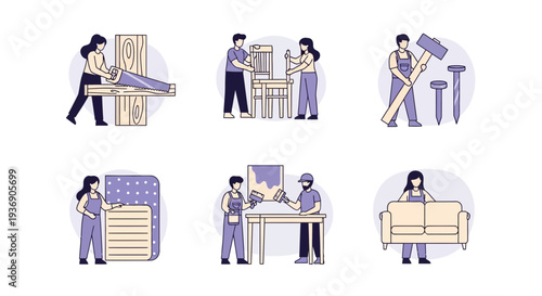 Six vignettes showing people doing various home improvement and crafting tasks