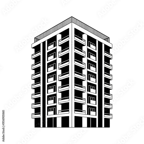 Modern Apartment Building Facade with Balconies - Black and White Architectural Illustration