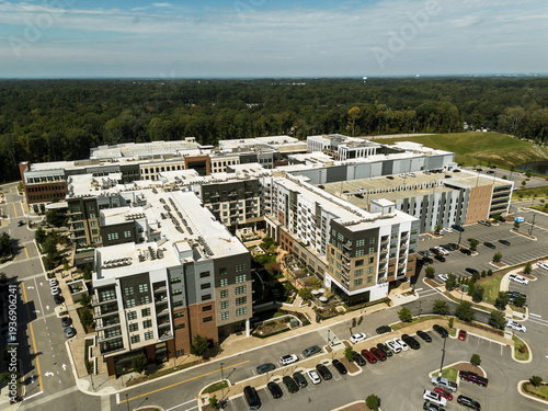 Aerial view of the Fenton mixed-use development in Cary , NC, with shopping, dining and apartments