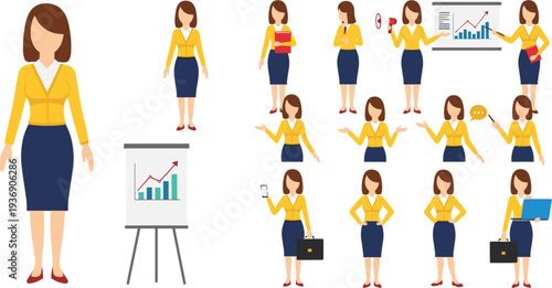 Businesswoman character collection, professional office woman poses, presenting chart holding laptop coffee talking smartphone, corporate employee flat vector illustration isolated set