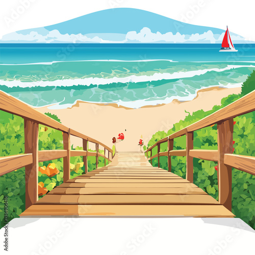 Wooden walkway leading to a tropical beach with sea and boat