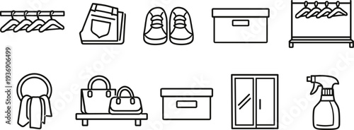 Collection of line art icons representing household items and organization tools