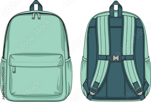 Green backpack mockup illustration, front and back view school bag isolated on white background travel rucksack vector design