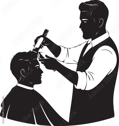 Barber cutting clients hair with clippers and comb silhouette