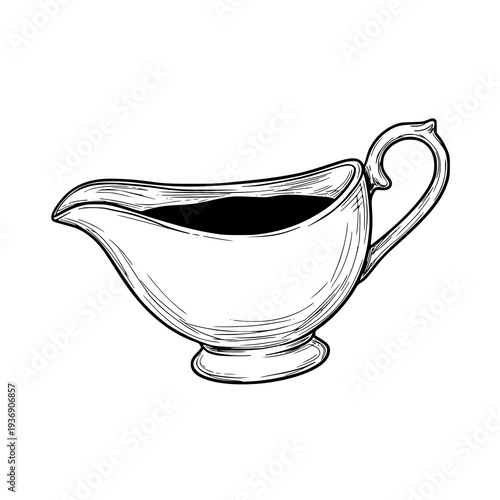 Minimal Gravy Boat with Sauce Outline Vector Drawing