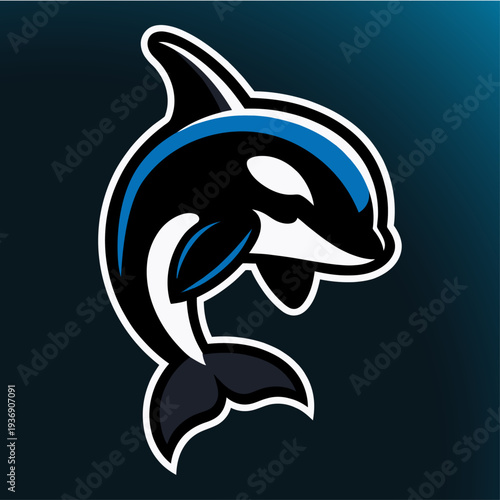 A striking emblem showcases a majestic orca, gracefully emerging from the azure abyss. This digital illustration blends simplicity with elegance.